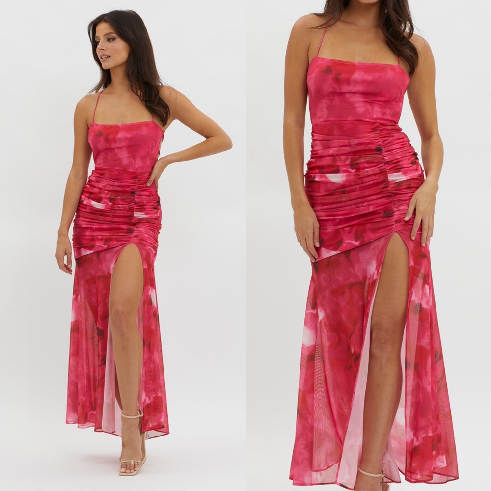 Selfie Leslie Apryl Ruched Lace-Up Back Pink Maxi Dress